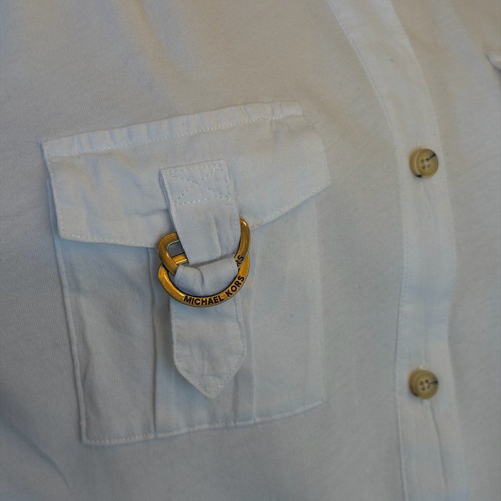 Michael Kors White Cotton Utility Shirt with Gold MK Hardware & Drawstring Waist - Picture 8 of 16